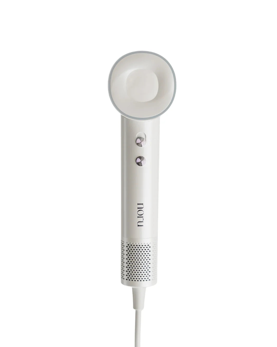 White handheld hair dryer with a visible noru logo on a white background